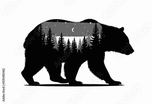 Bear silhouette with night forest scene inside profile  