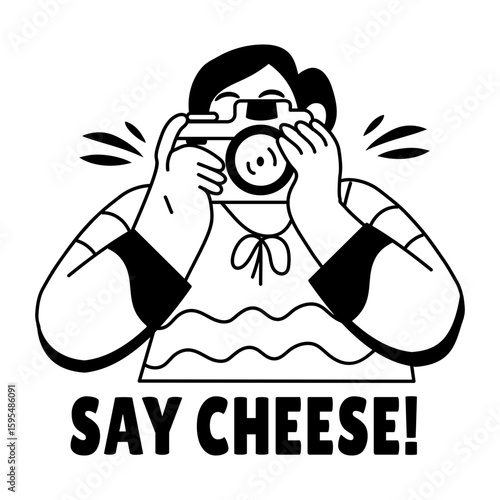 glyph sticker of a camera man with say cheese typography 