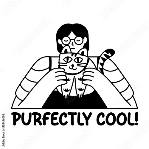 A glyph style typographic sticker of a cool cat lover character 