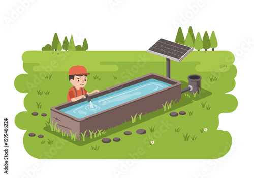 A young farmer checks water levels in a livestock trough powered by solar panels. Sustainable agriculture, rural setting, and a focus on eco-friendly practices. Bright, inviting image.