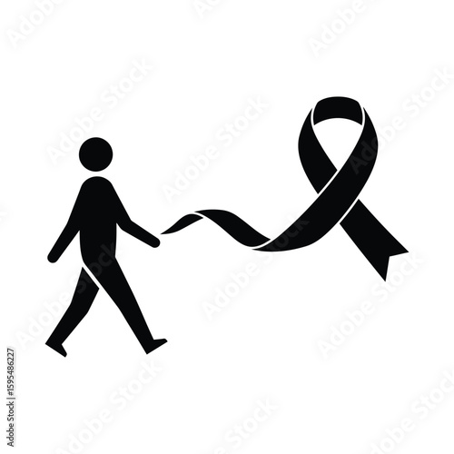 A person walks forward, holding a black awareness ribbon, symbolizing support and hope, isolated on white background
