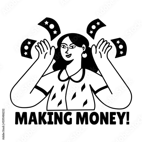 A glyph style typographic sticker showing a character making money 