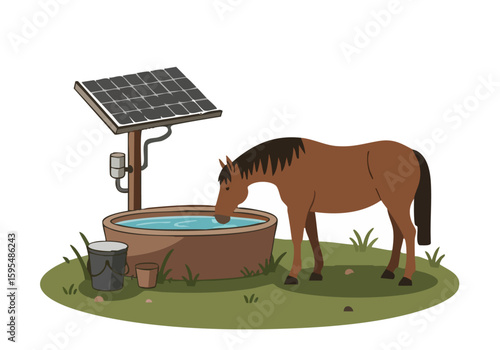 A horse drinks from a solar-powered farm water trough.  Clean, modern illustration depicting sustainable agriculture and animal care.  Bright, inviting scene.