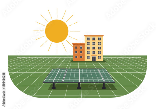 A modern hotel powered by solar panels. A bright, clean illustration showcases sustainable energy and a green landscape. Ideal for eco-friendly concepts.