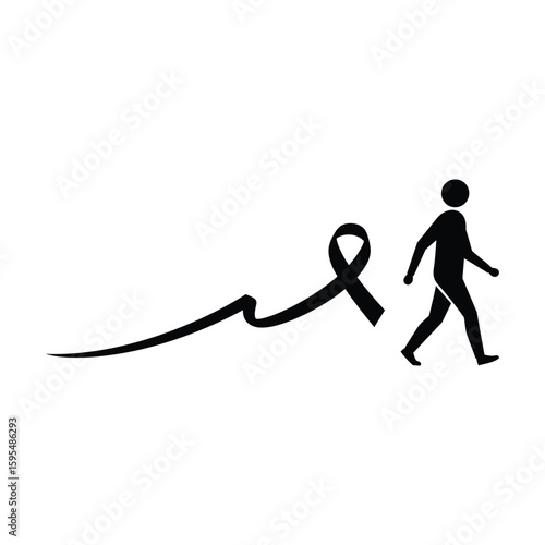A silhouette of a person walking and pulling a black awareness ribbon, representing hope and support, isolated on white background