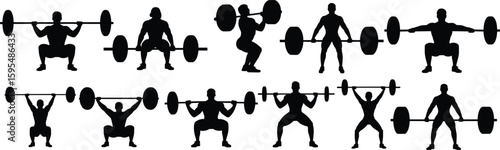 Silhouette of weightlifters performing barbell squats and lifts, fitness vector artwork for workout, strength training, gym exercise, health content