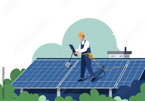 A solar panel technician works on a rooftop, monitoring progress with a tablet. Modern, bright, and professional. Ideal for sustainability and renewable energy visuals.