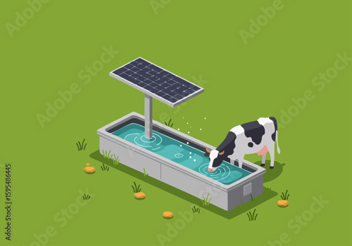 A stylized illustration depicts a sustainable farm scene: a cow drinks from a solar-powered trough amidst lush greenery.  Clean, modern design promotes eco-friendly farming.