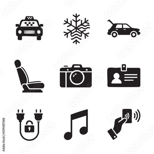 Taxi car snowflake vehicle seat camera identification card electrical plug musical note contactless payment