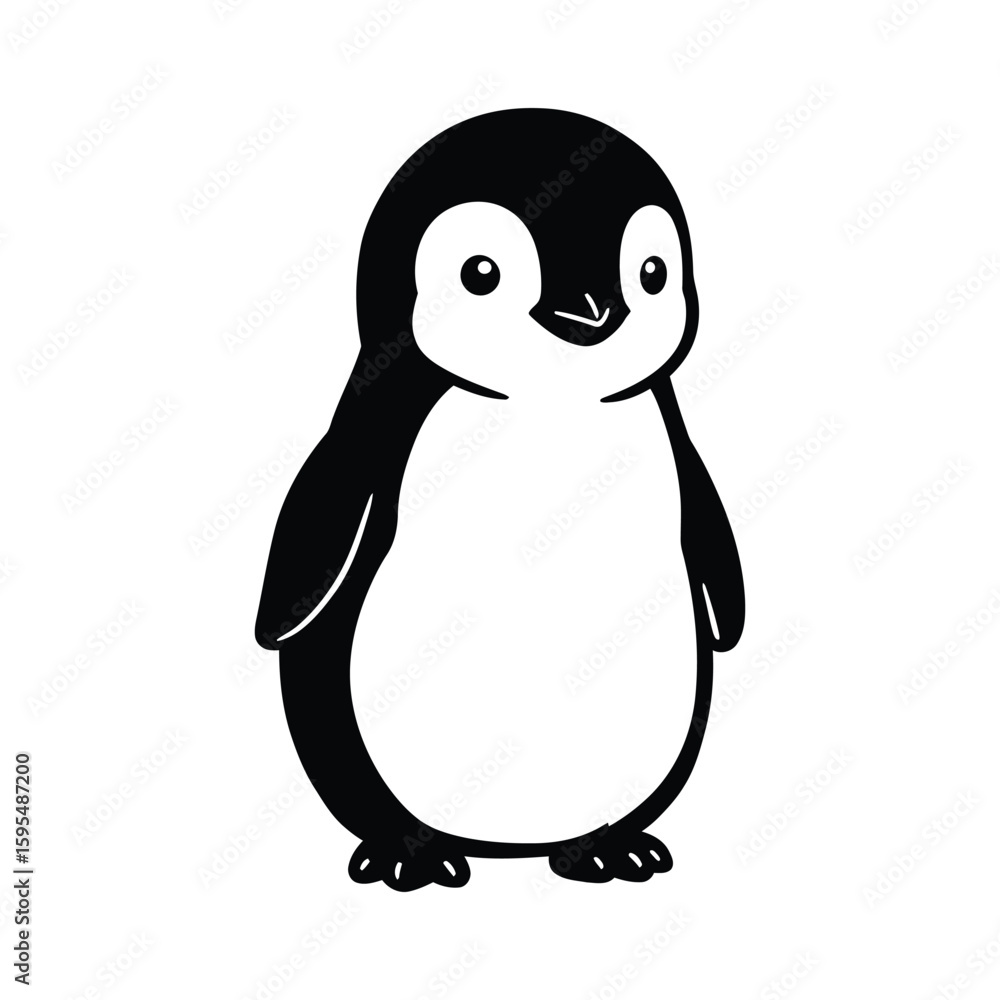 Fototapeta premium A cute penguin stands tall in a black and white vector illustration, isolated on white background