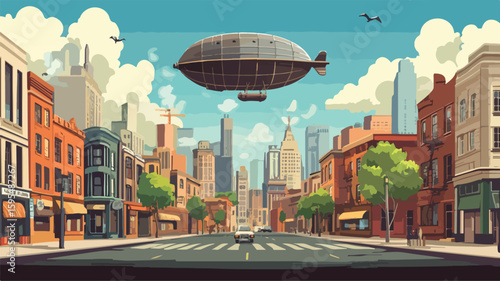 City Street with Airship Retro Urban Scene Vintage