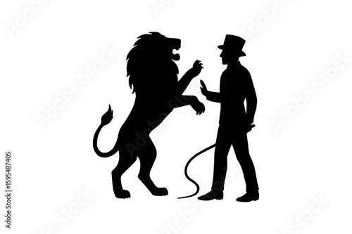 Lion Tamer Silhouette with Rearing Lion Vector Design Circus Performer and Big Cat Illustration on White Background for Creative Projects