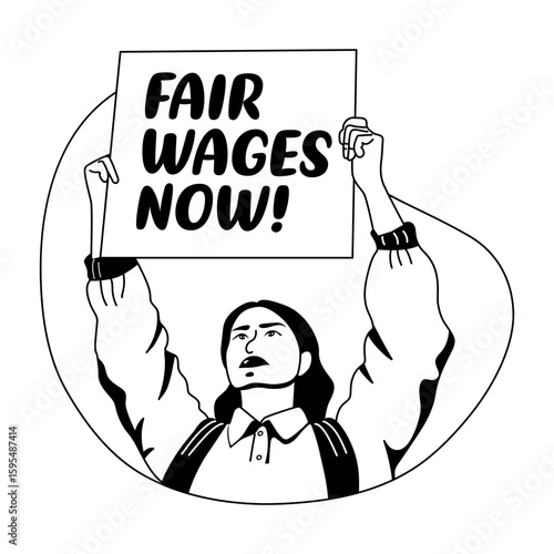 Glyph illustration of a female protestor holding a chart written fair wages now 