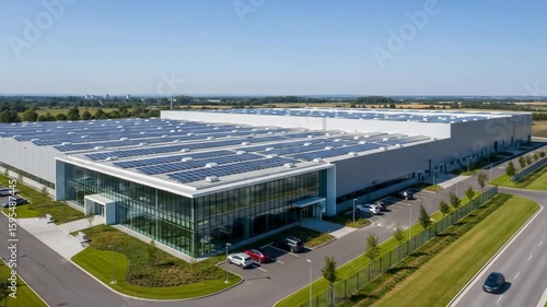Modern industrial building exterior with solar panels and parking.