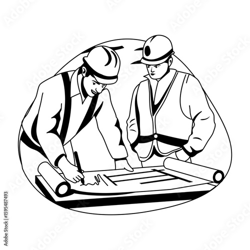Glyph illustration of engineers making construction blueprint 
