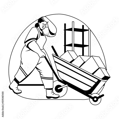 Glyph style illustration of a tired worker pushing a wheelbarrow 