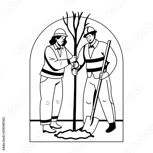 Glyph illustration of two workers plating a tree in ground