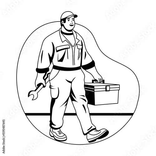 A glyph style illustration of a repairman holding wrench in hand 