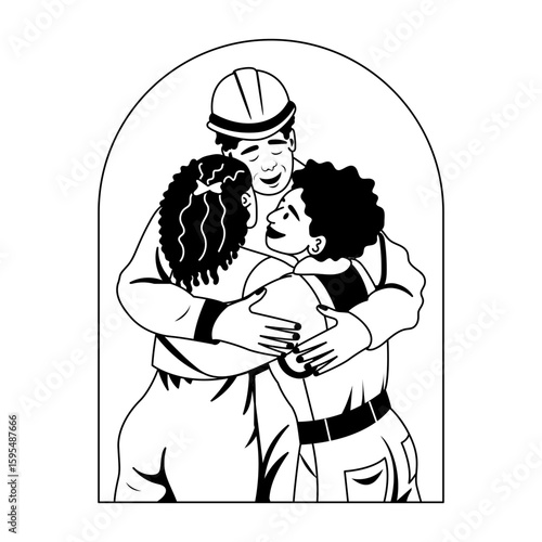 A glyph style illustration depicting a worker family hug 