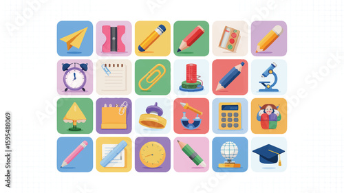 Collection of colorful school supplies and educational icons