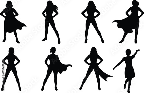 Superhero woman silhouette collection, confident female pose vector set, black graphic illustration, empowerment character icon pack, cape design artwork