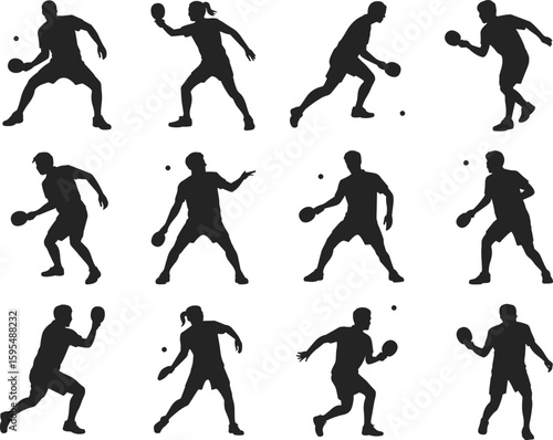Table tennis player silhouettes in dynamic poses, black vector illustration, racket action, sports movement, athletic gameplay, stock design collection