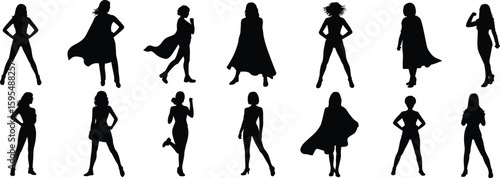 Superhero women silhouettes, female empowerment vector art, strong confident pose illustration, black graphic design, bold female figures, cape outline