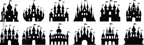 Twelve castle silhouettes collection, medieval fortress icons, fantasy architecture vector, fairy tale structures illustration for creative design and stock use