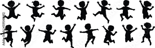 Vector silhouettes of joyful children jumping, playful energetic youth in motion, fun childhood activities, freedom, happiness, illustration design