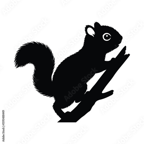 A cute squirrel is perched on a branch, isolated on white background, its bushy tail curled behind it, ready to leap
