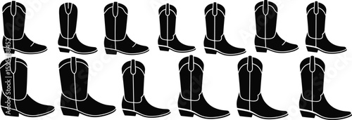 Western cowboy boot silhouette collection, stylish footwear vector illustration for fashion design, ranch outfit, classic country wear, boot icon set