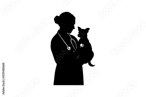 Veterinarian Silhouette Holding a Dog Vector Illustration for Animal Care Pet Health and Veterinary Services on a White Background