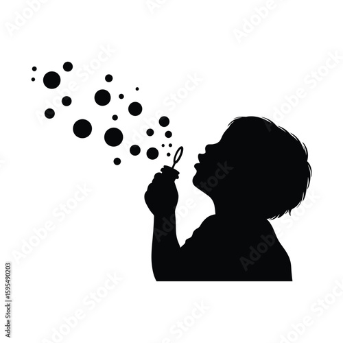 A silhouette of a child is blowing bubbles isolated on white background, creating a playful and whimsical scene