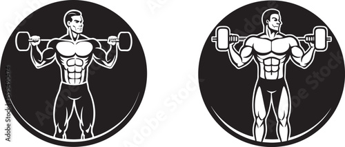 Muscular man holding barbell overhead in circle silhouette for fitness and strength training