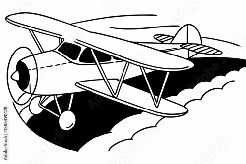 Monochrome retro vintage aeroplane illustration, detailed line art vector drawing