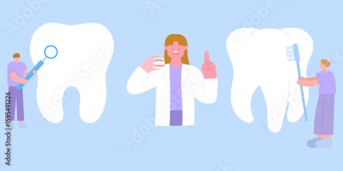 set of dentist checking teeth, cleaning teeth and explaining with denture model