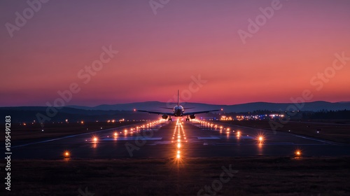 Airplane takes off on runway at sunset. Atmospheric aviation shot for travel blogs, airport marketing, or aviation-themed web use.