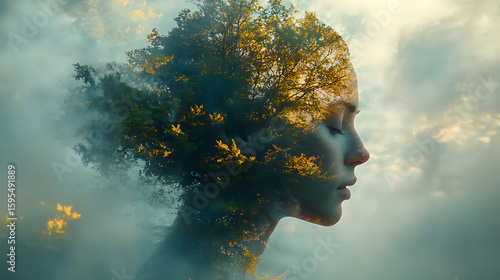 Serene Woman Double Exposure with Nature, Peaceful Mind and Environmental Harmony