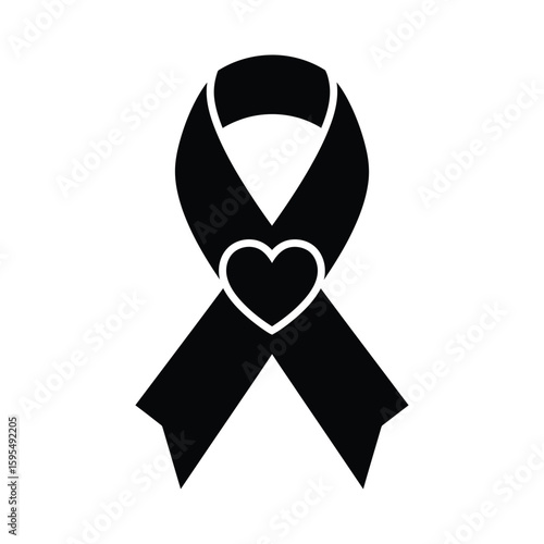 A black awareness ribbon with a heart symbolizes love and support, isolated on white background