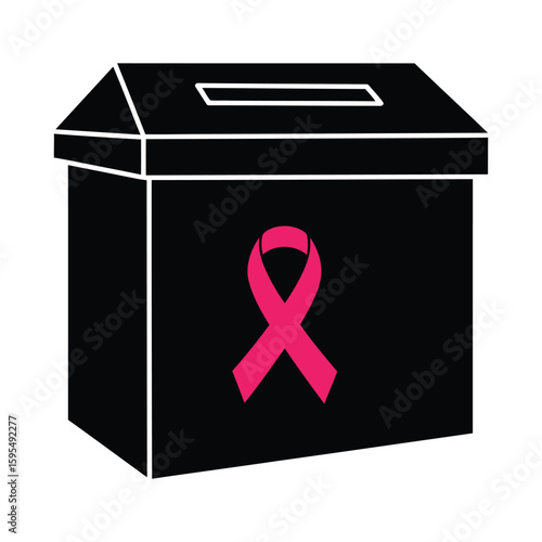 A black donation box with a pink breast cancer awareness ribbon isolated on white background