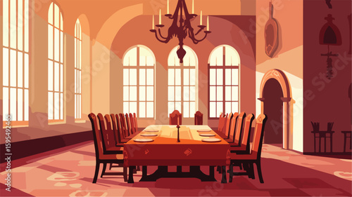 Elegant Medieval Dining Hall Banquet Scene with Historic Interiors