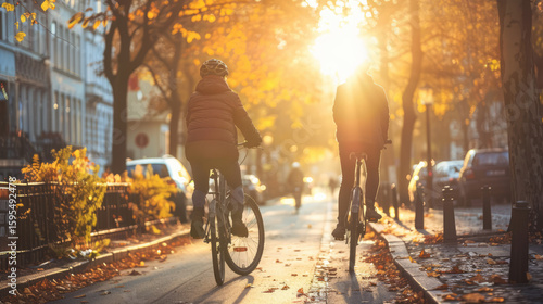 Golden hour bike ride: Cyclists enjoy an autumn day on a tree-lined avenue bathed in warm sunlight.