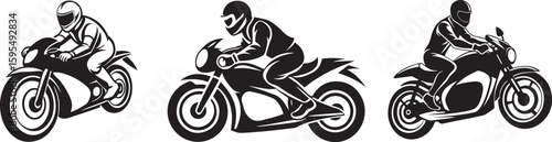 A bold, stylized silhouette of a motorcyclist astride a vintage-style motorcycle.