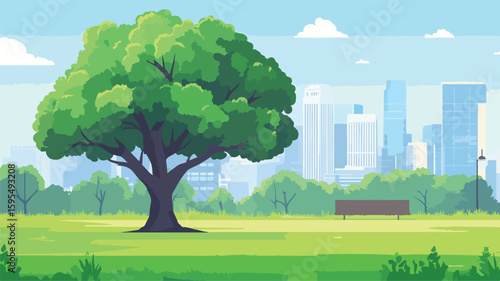 Serene Nature Park Landscape with Majestic Large Tree in Urban Setting