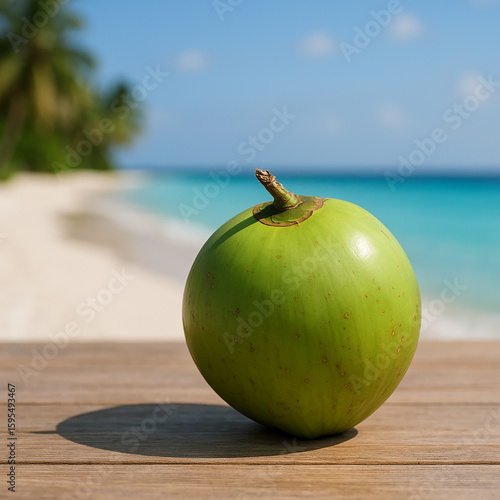 Green coconut on the table with blurry beach background