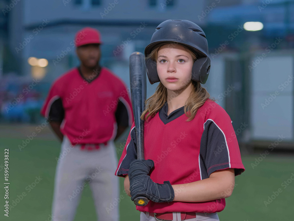 Fototapeta premium Young girl in red baseball uniform stands at bat, focused and ready, with a teammate in the background, capturing the excitement of youth sports and teamwork