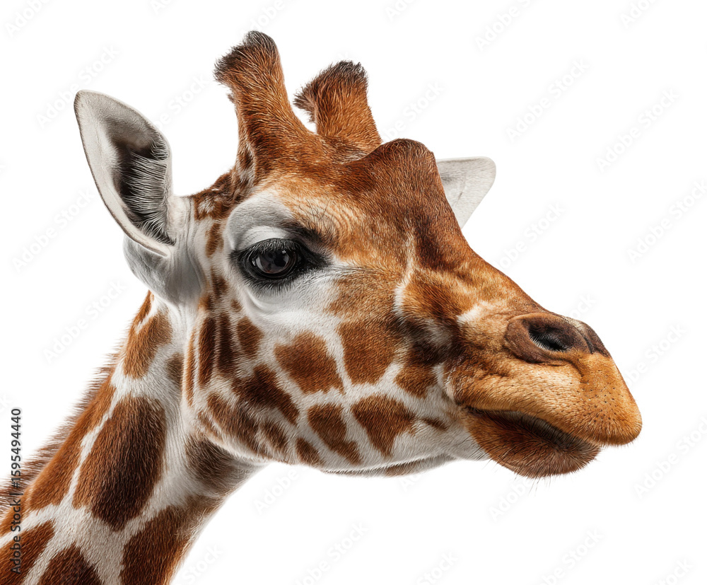 Fototapeta premium Giraffe portrait eye-level close-up in wildlife sanctuary. Isolated on transparent background, png.