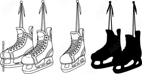 set of Tied Handing Hockey Ice Skates Clipart Set- Outline, Silhouette
