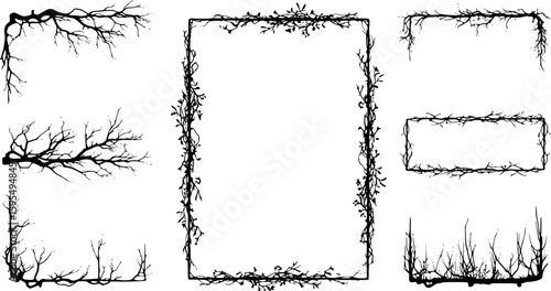 Dry branches silhouettes rectangular shape frame set. Arid tree part with leaves elegant liana creeper dangling nature plant element. Black and white simple flat style. Isolated vector on white
