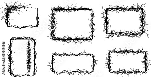 Dry branches silhouettes rectangular shape frame set. Arid tree part with leaves elegant liana creeper dangling nature plant element. Black and white simple flat style. Isolated vector on white